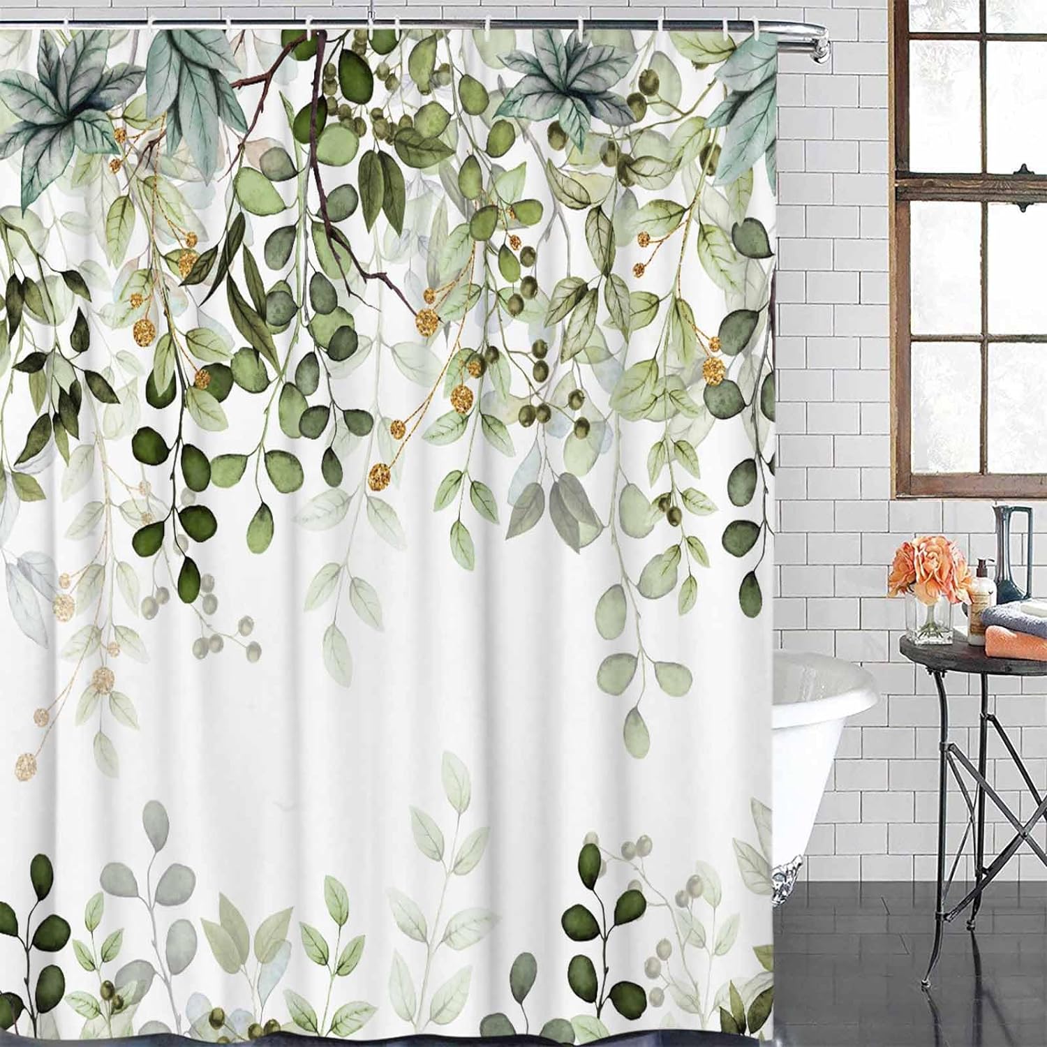 GYMTOP Emerald Green Eucalyptus Shower Curtain - Waterproof, 72x72 Inches With Hooks