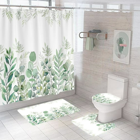 Sage Green Eucalyptus Shower Curtain and Bath Rug Set 4 Pcs Fabric Floral Bathroom Curtain Set Decor 72x72 inches