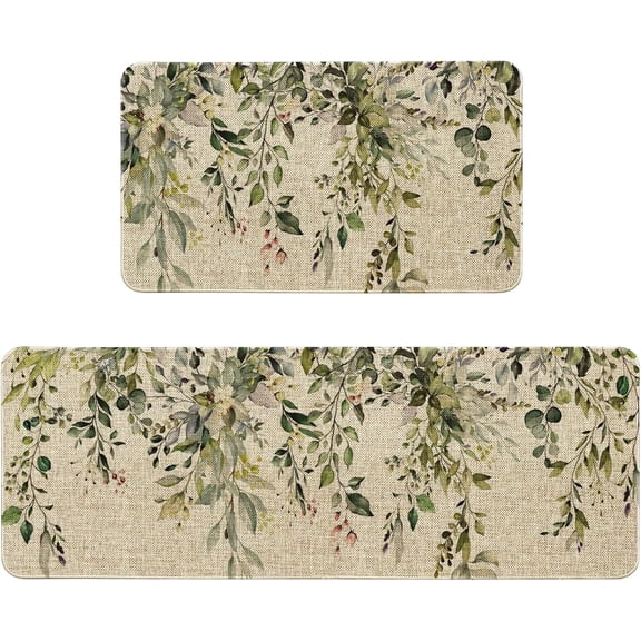 Sage Green Eucalyptus Spring Kitchen Rugs Sets of 2 Non Slip Washable, Botanical Leaves Summer Spring Kitchen Mats for Floor 2 Piece Home Decor