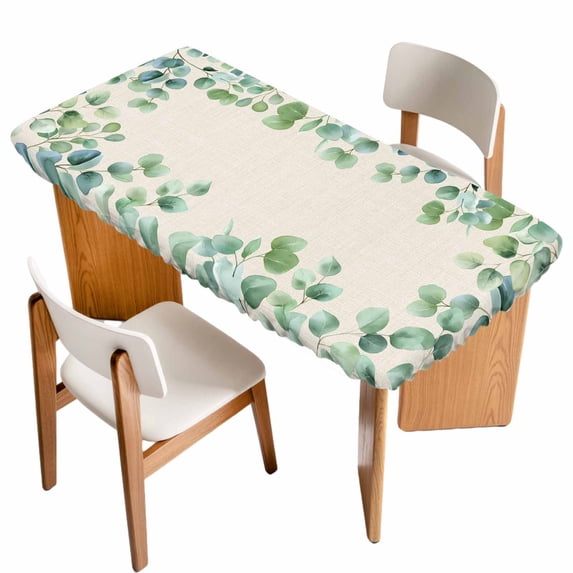 Sage Green Eucalyptus Table Cloths for 3 Foot Rectangle Tables, Spring Summer Leaves Rustic Burlap Patio Waterproof Elastic Fitted Tablecloths, Washable Rectangular Table Cover for Camping