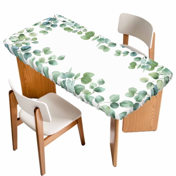 Sage Green Eucalyptus Table Cloths for 5 Foot Rectangle Tables, Spring Summer Pastoral Leaves Patio Waterproof Elastic Fitted Tablecloths, Washable Rectangular Table Cover for Camping