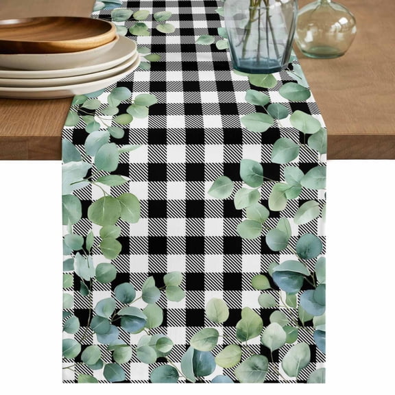 Sage Green Eucalyptus Table Runner, Spring Leaves Black White Plaid Washable Cotton Linen Table Runners 70 Inches Long, Dresser Scarf Runner for Dining/Kitchen/Coffee/TV Stands/Cabinets 13''x70''