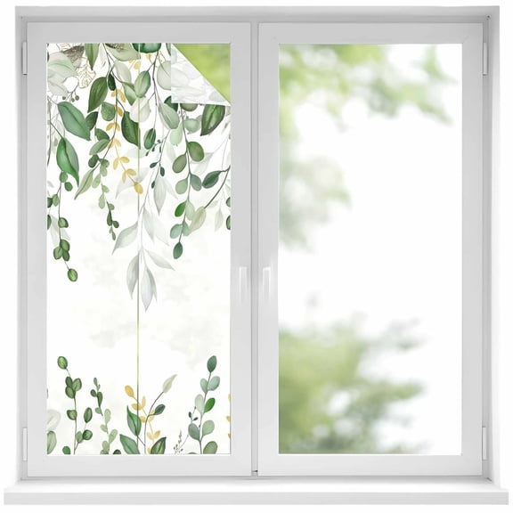 Sage Green Eucalyptus Window Privacy Film, Watercolor Spring Weeping Botanical Static Cling UV Sun Blocking Heat Control Window Tint Day and Night, Non-Adhesive One Way Privacy Cover 19.6''x39.3''