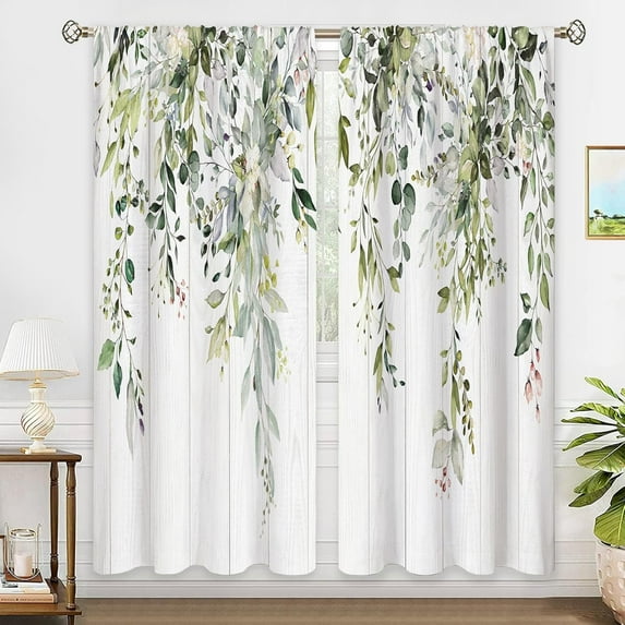 Sage Green Eucalyptus Wooden Botanical Leaves Floral Window Curtains Flower Plant Wildflower Farmhouse Boho Curtain Drapes Herb Curtains for Bedroom Living Room Treatment 52Wx84H Inch