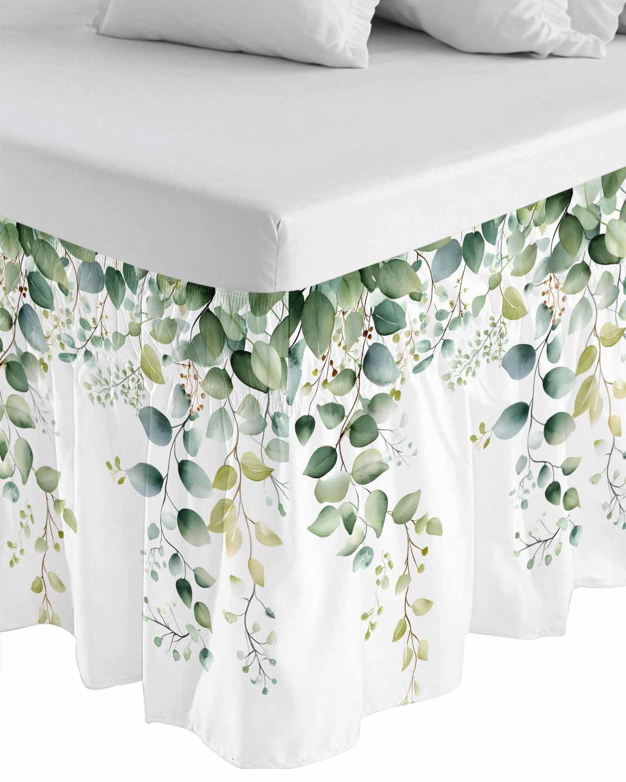 Sage Green Eucalyptus Wrap Around Bed Skirts for Queen Bed 18" Drop,Bed Skirt with Adjustable Elastic Belt Dust Ruffle Bed Valance for Bedroom Hotel Pastoral Watercolor Leaf Fruit Bed Frame Cover