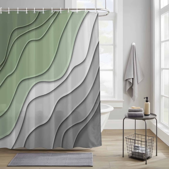 Sage Green Fabric Shower Curtain for Bathroom Waterproof Polyester Bath Curtain with 12 Hooks and Grey Ombre Stripes Geometric Color Gradient Washable Shower Curtain with Grommets 36"x72"