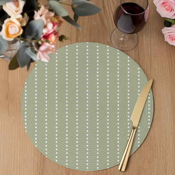 Sage Green Faded Stripes Round Braided Placemats Set of 2, Modern Abstract Art Minimalist Dots Lines Heat Insulation Place Mats Washable Non-Slip Table Mats for Kitchen Dining Party, 13 Inches