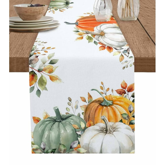 Sage Green Fall Burlap-Cotton Table Runner 90 Inches Long,Pumpkins Weeping Botanical Thanksgiving Farmhouse Table Runners,Outdoor Dining Tablecloths Decor for Baby Shower Party Wedding 13x90
