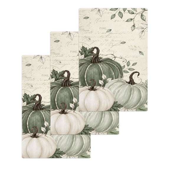Sage Green Fall Kitchen Dish Towels for Drying Dishes Set of 3, Pumpkins Botanical Harvest Vintage Thanksgiving Waffle Weave Microfiber Hand Tea Bathroom Towels Quick Dry & Absorbent Towel 15.7x23.6