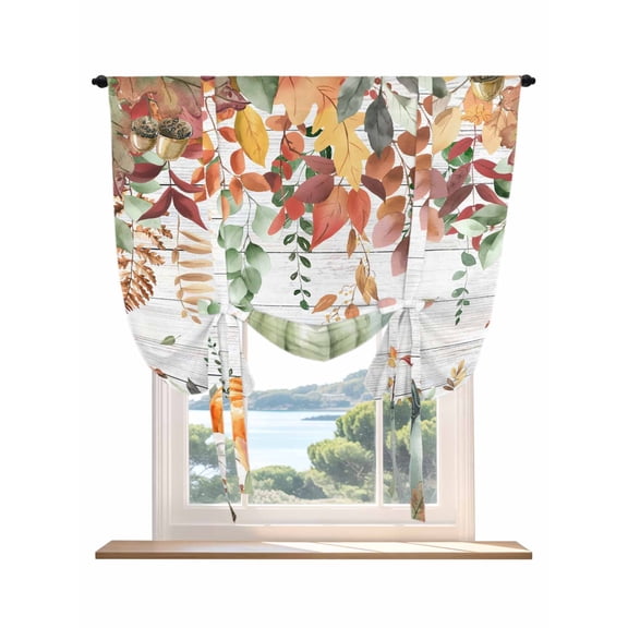 Sage Green Fall Pumpkins Tie Up Curtains for Windows 45 Inch Length Balloon Curtains Kitchen Adjustable Balloon Window Shade Thanksgiving Autumn Leaves Grey Wood Tie Up Bathroom Curtain 42"x45"