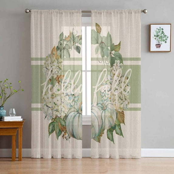 Sage Green Fall Sheer Curtains 63 Inches Length 2 Panels Set, Window Sheer Curtains for Living Room/Bedroom, Pumpkins Wreath Rustic Thanksgiving Light Filtering Rod Pocket Curtain 52'' x 63'' x 2