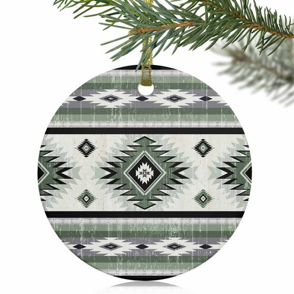 Sage Green Farm Aztec Geometric Christmas Ceramic Ornament 2025,3" Round Xmas Tree Hanging Accessories with Gold Ribbon