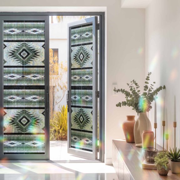 Sage Green Farm Aztec Geometric Window Privacy Film, Rainbow Film Decorative Window Sticker 23.6x78.7in, Boho Country Farmhouse Sun Blocking Static Stained Glass Cling Tint Non-Adhesive