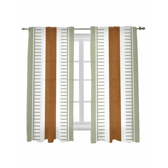 Sage Green Farmhouse Curtains 72 Inch Length, Sheer Curtains for Bedroom Living Room Window Green Brown Striped Rod Pocket Voile Drapes Kitchen Curtains Small Half Window 52"x72" 2 Panels
