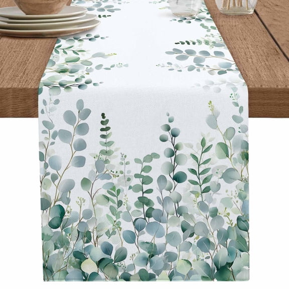 Sage Green Farmhouse Eucalyptus Leaves Table Runner-70 Inch Long Rural Plant Table Runners Linen Burlap Tablerunner for Kitchen Dining Room Holiday Party