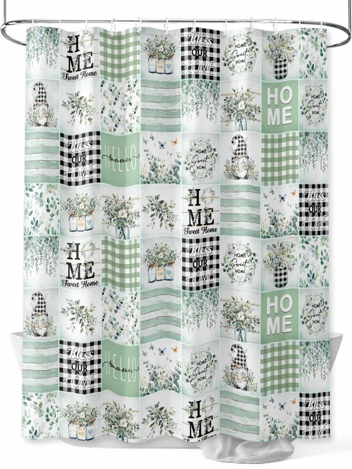 Picture of Sage Green Farmhouse Plaid Shower Curtain, Summer Gnome Eucalyptus ...