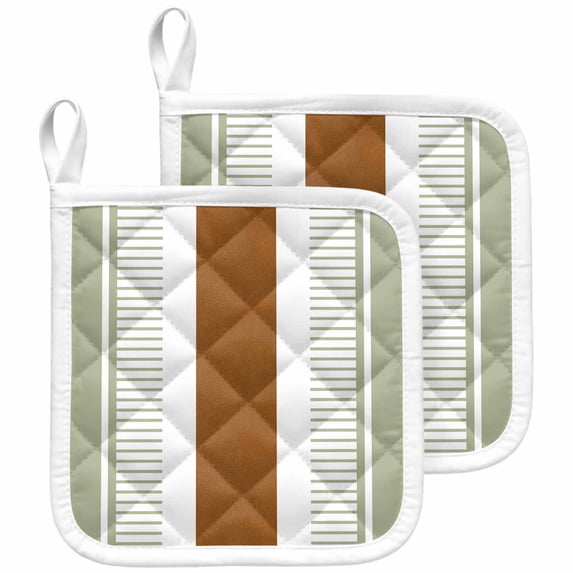 Sage Green Farmhouse Pot Holders for Kitchen Heatproof Potholder, 2 Pack Green Brown Striped Hot Pads Multipurpose Oven Pads Cloth Potholders Trivet for Cooking and Baking