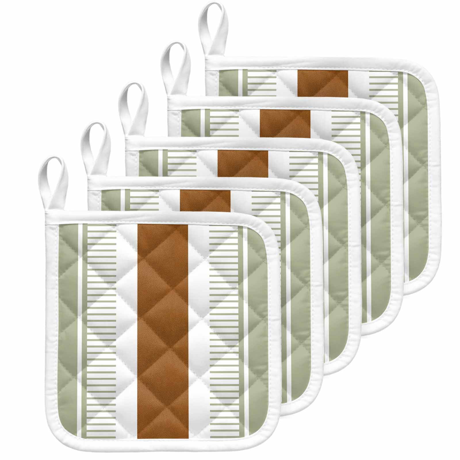Sage Green Farmhouse Pot Holders for Kitchen Heatproof Potholder, 5 Pack Green Brown Striped Hot Pads Multipurpose Oven Pads Cloth Potholders Trivet for Cooking Baking