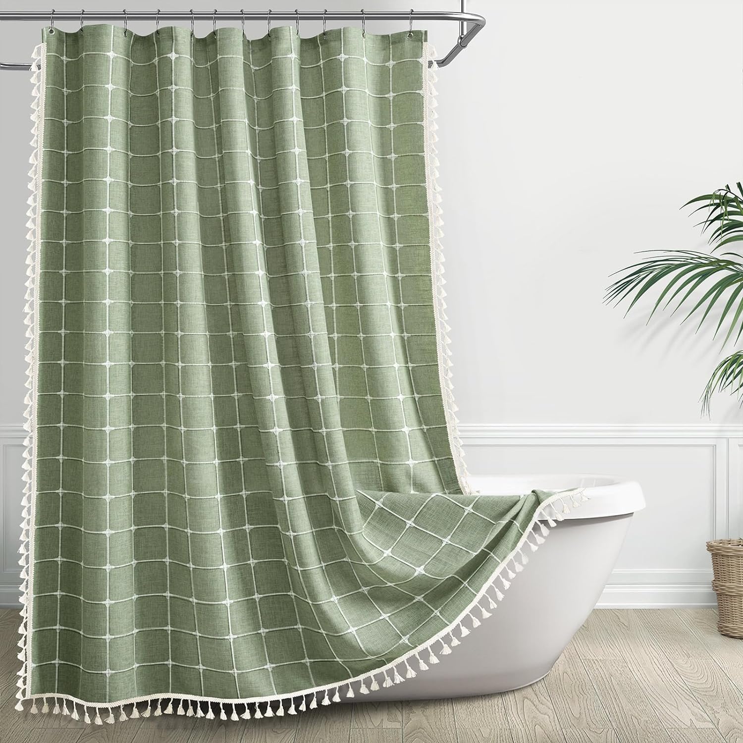 Sage Green Farmhouse Shower Curtain With Tassels, Country Cottage