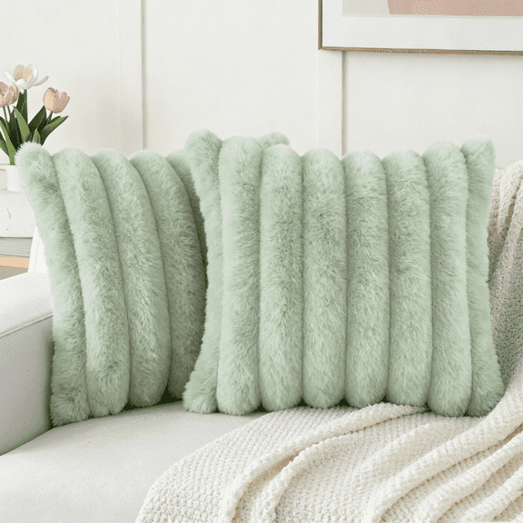 Sage Green Faux Fur Vertical Ribbed Lumbar Pillow Cover, Soft Decorative Bolster Sham For Sofa