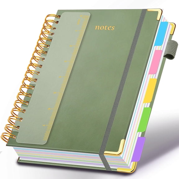 Sage Green Faux Leather Hardcover 5-Subject Spiral Notebook, College Ruled 300 Pages with Divider Tabs, 5.7"×8.2" Journal for School & Work