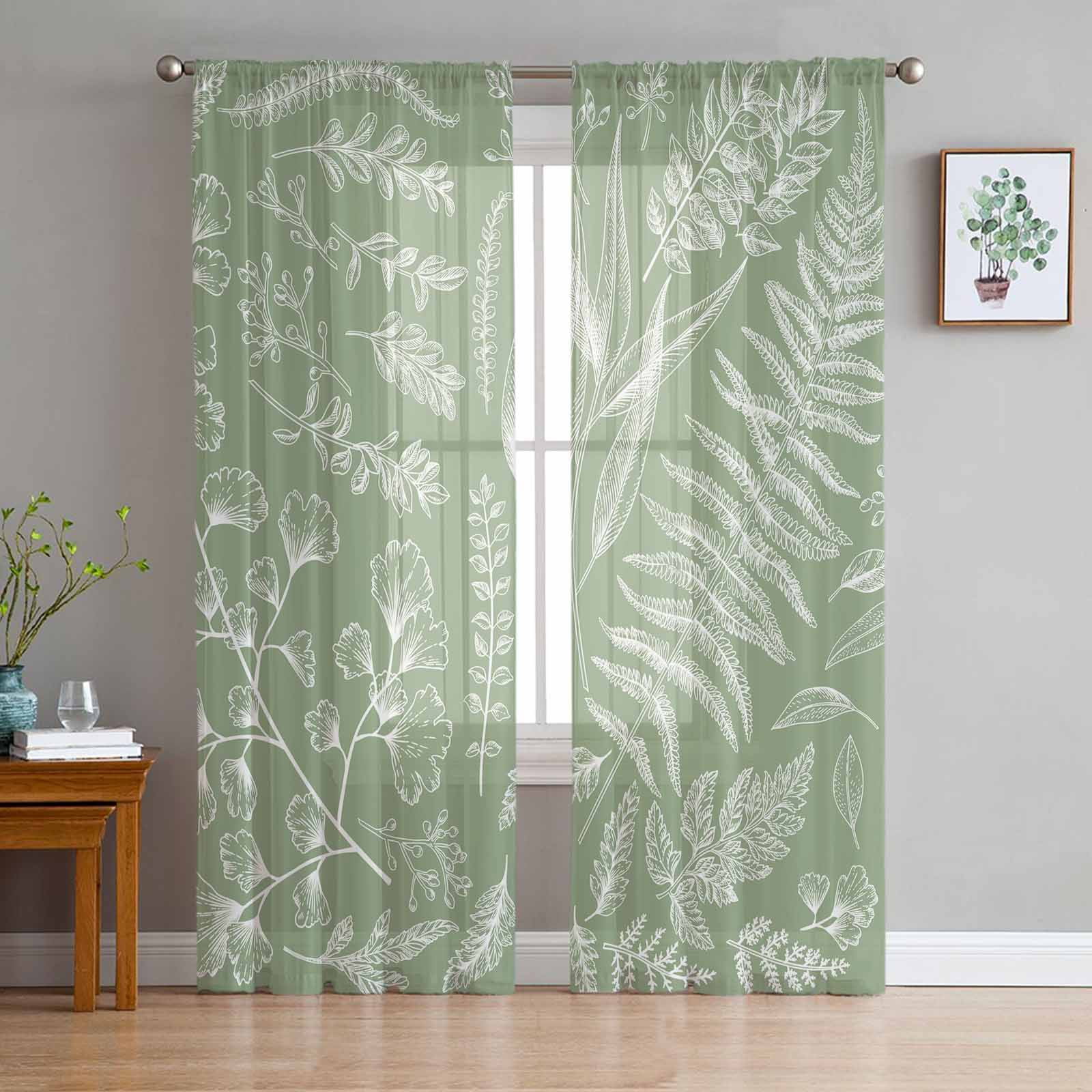 Sage Green Fern Leaves Window Tulle Curtains for Living Room Kitchen