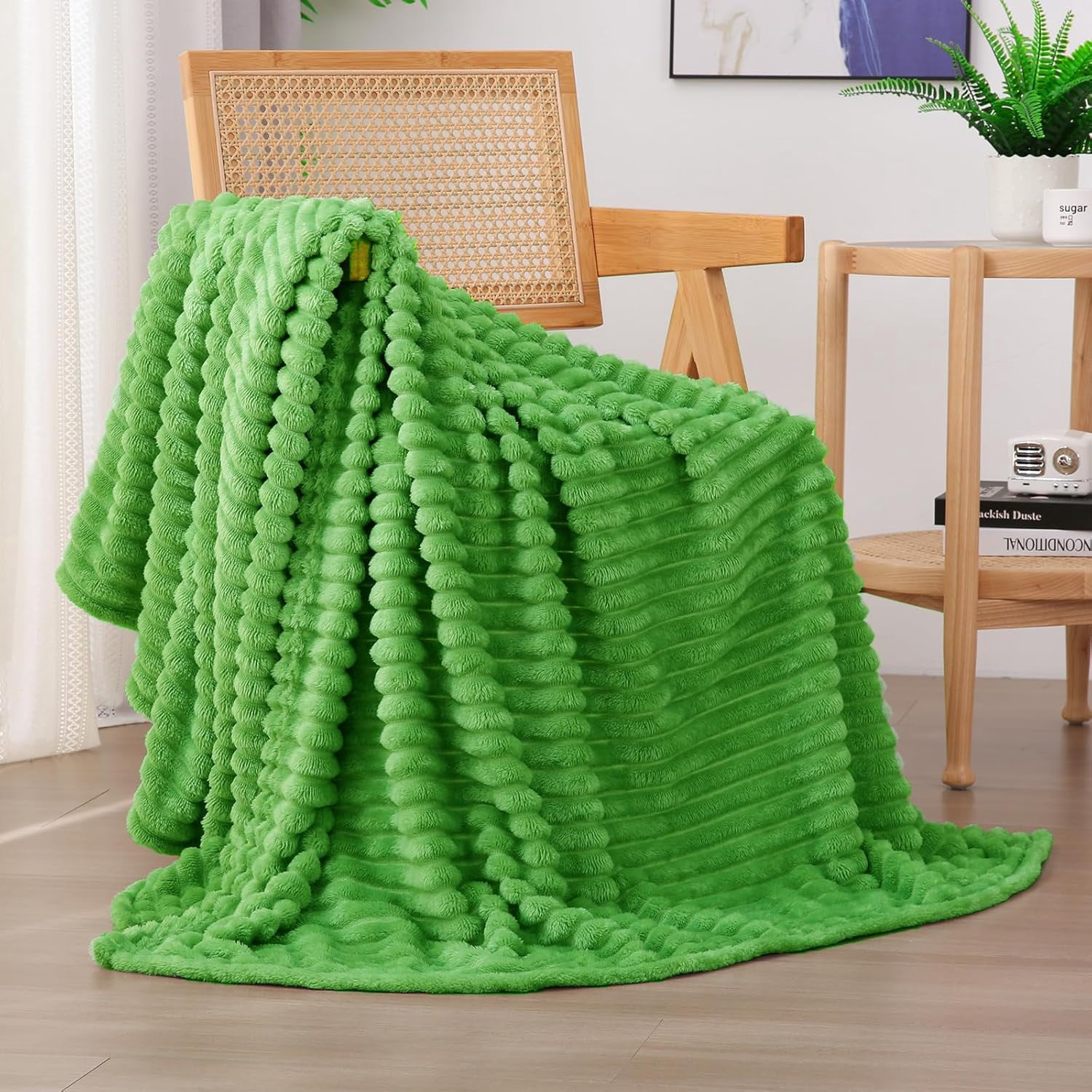Sage Green Fleece Throw Blanket 50”×60” for Couch Sofa Bed,Super Soft Cozy Plush Microfiber Flannel Blanket with Stripes Design Lightweight for Adults,Woman,Girls