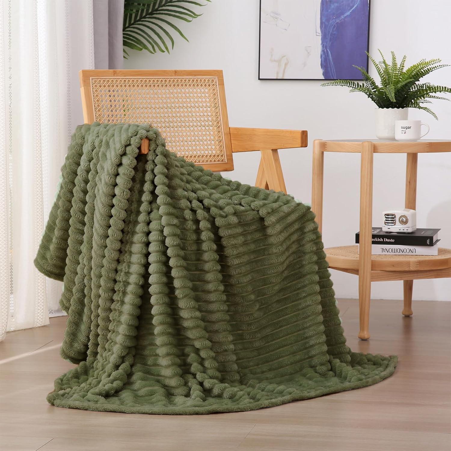 Sage Green Fleece Throw Blanket 50”×60” for Couch Sofa Bed,Super Soft Cozy Plush Microfiber Flannel Blanket with Stripes Design Lightweight for Adults,Woman,Girls