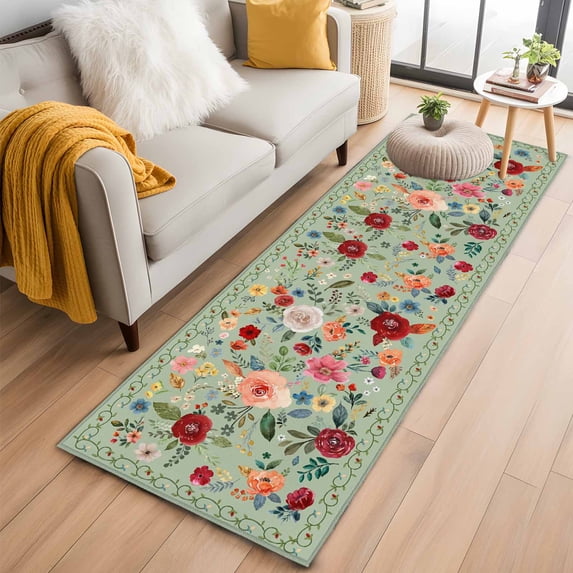 Sage Green Floral 2'x6' Runner Rugs for Hallway Kitchen Bedside Non Slip Washable, Spring Flowers Leaves Farmhouse Entryway Rug Runners with Rubber Backing, Long Carpet Runner for Laundry Room