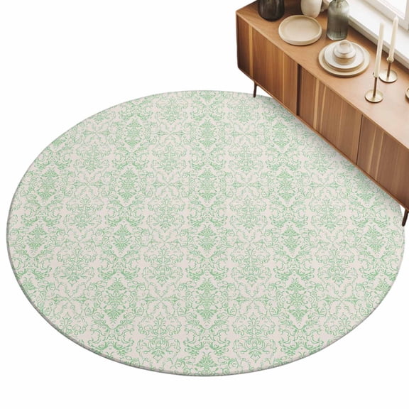 Sage Green Floral Area Rug, Ethnic Middle East Non-Slip Felt Rubber Backing Round Indoor Carpet Washable Rugs for Living Room Bedroom 3ft
