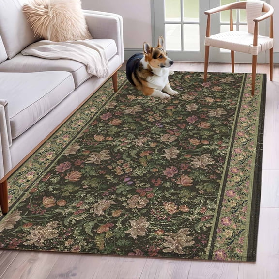 Sage Green Floral Area Rugs 4'x6', Washable Small Throw Rugs for Office Bathroom, Ethnic Tribe Abstract Art Flowers Indoor Outdoor Rug Non-Slip Low Pile Carpet Runner Reversible Floor Mats