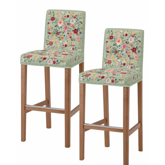 Sage Green Floral Bar Stool Covers Set of 2, Spring Flowers Leaves Farmhouse Stretch Washable Bar Chair Covers with Backs, Removable Pub Counter Height Chair Cover for Kitchen Dining Room Cafe