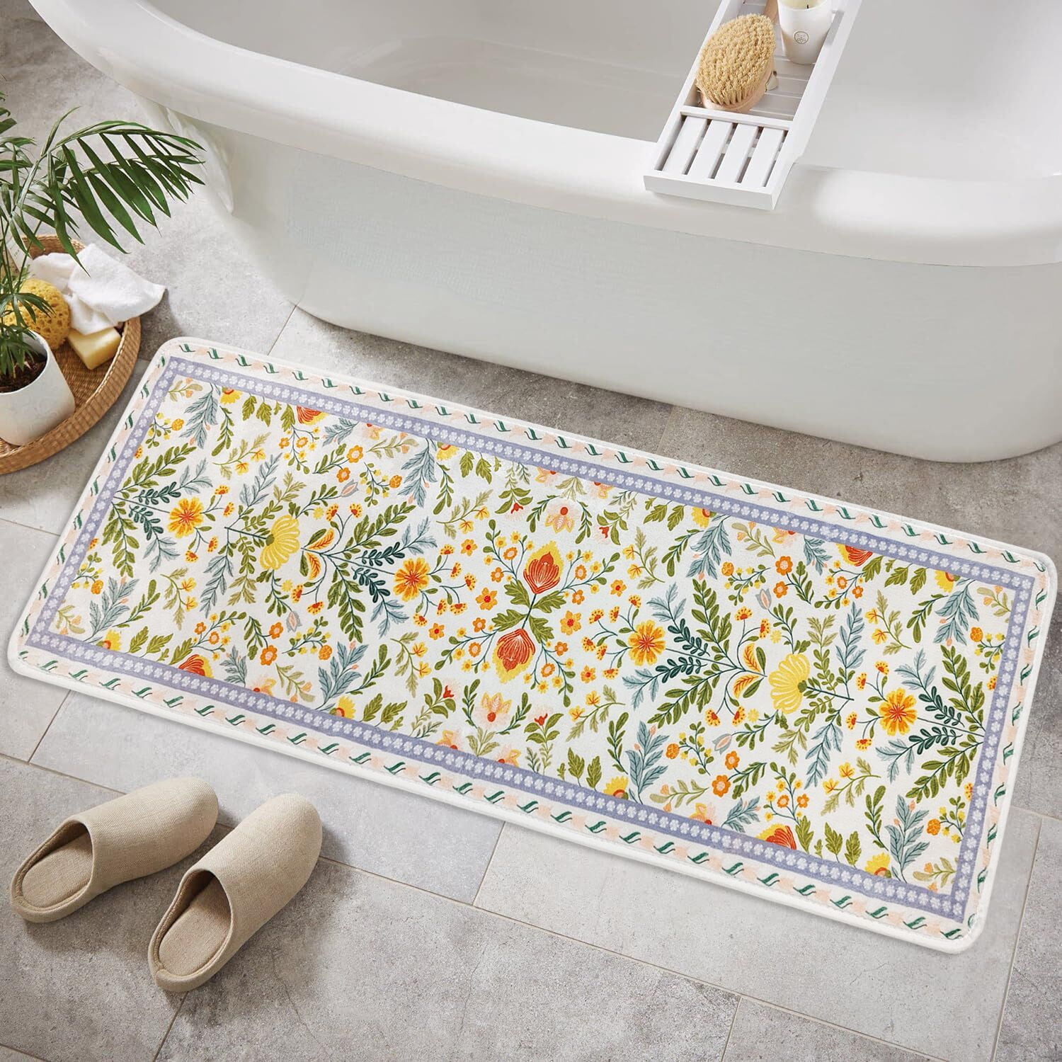 Sage Green Floral Bathroom Rug 47 * 16inch Long Plant Bath Mat for Shower Non Slip Absorbent Cute Leaf Bath Rugs
