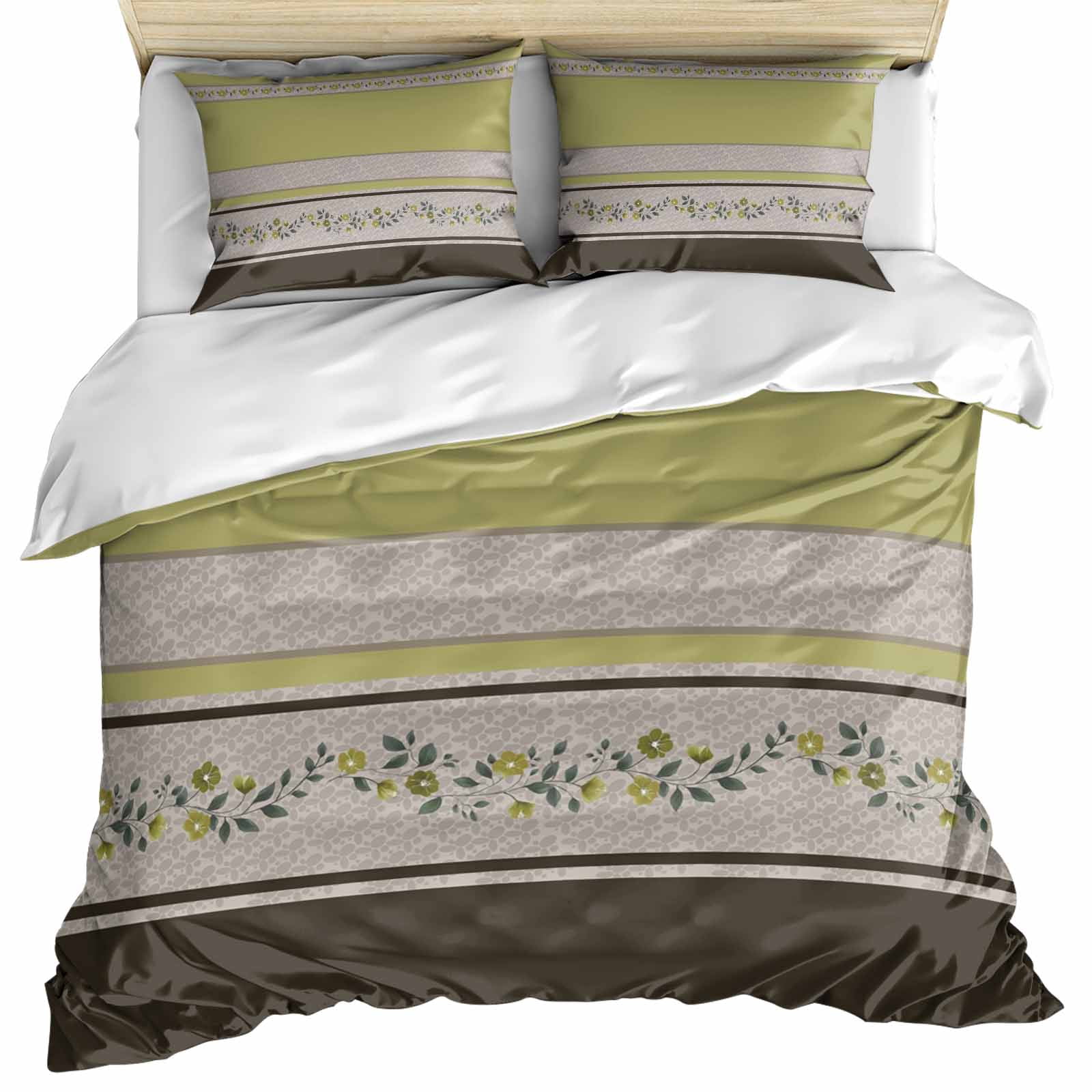 Sage Green Floral Bedding 3 Piece Duvet Cover Set California King, Modern Farmhouse Leaves Brown Striped Microfiber Comforter Cover with Zipper Closure & Pillowcases, FadeResistant Quilt Cover