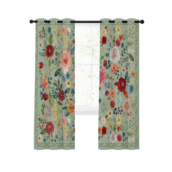 Sage Green Floral Blackout Curtains 63 Inches Long for Bedroom, Spring Flowers Leaves Farmhouse Thermal Insulated Room Darkening Black Out Window Curtain Panels Grommet Drapes for Living Room