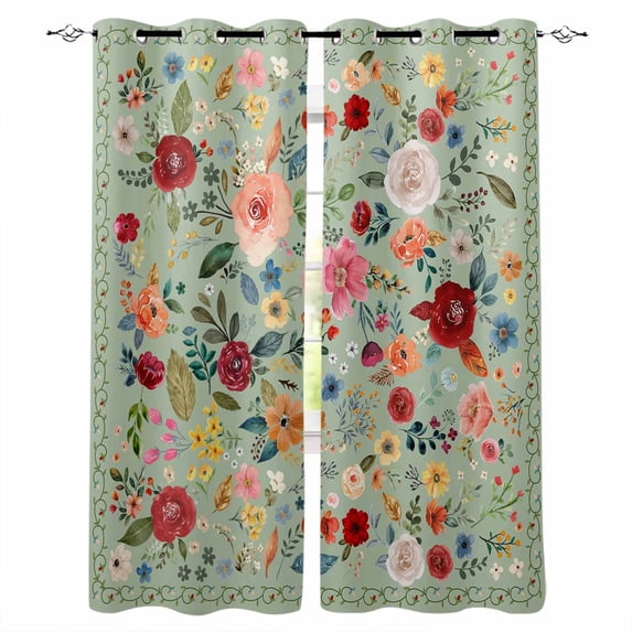 Sage Green Floral Blackout Curtains for Bedroom Living Room Darkening Curtains 63 Inches Long Spring Flowers Leaves Farmhouse Window Curtain 2 Panels Set Window Treatment Grommet Drapes 42"x63"