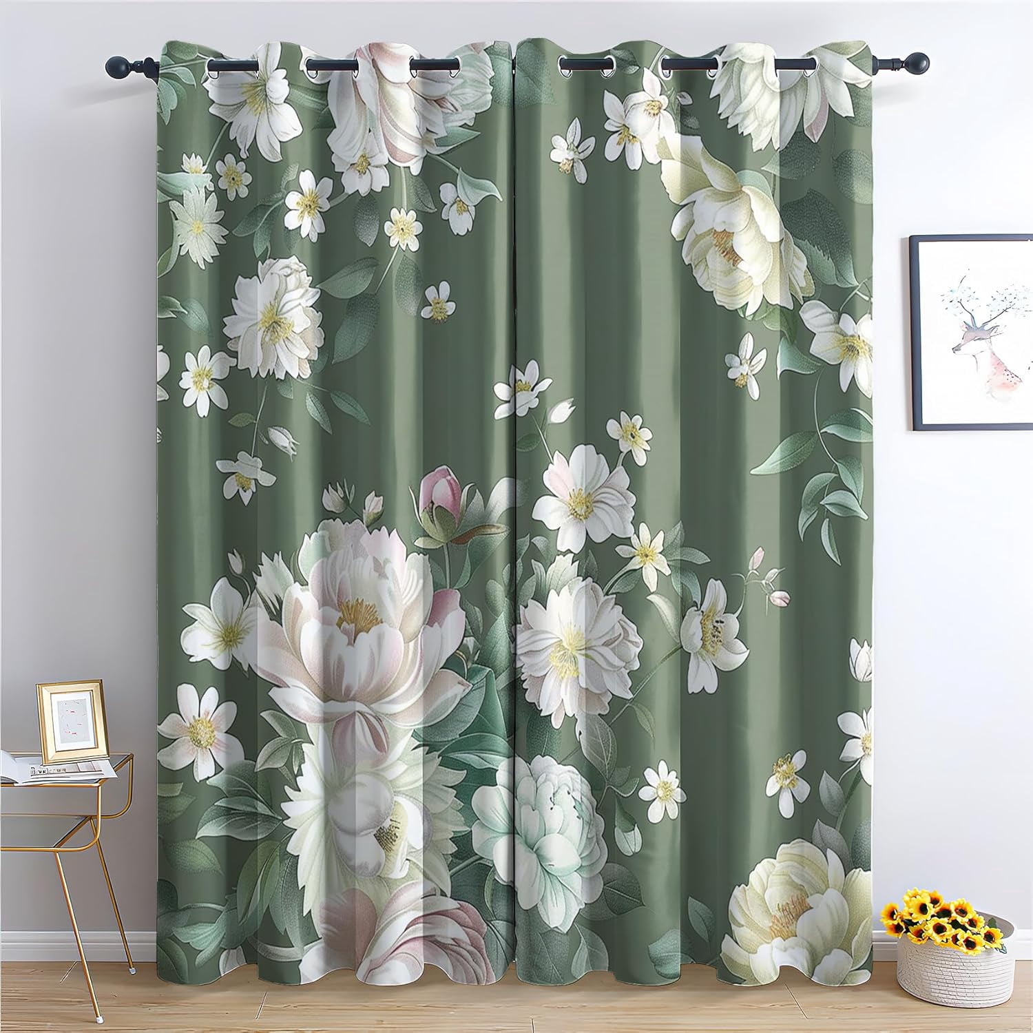 Blue Sky Coastline Floral Blackout Curtains – Thermal Insulated Window Drapes, 2 Panels 42x84 Inches, Rod Pocket For Living Room & Bedroom