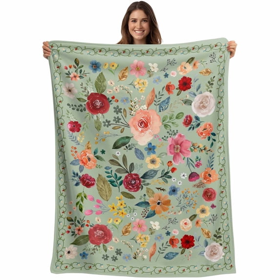 Sage Green Floral Blanket Soft Cozy Warm Throw Blanket for Couch, Plush Fuzzy Flannel Fleece Blankets for Sofa, Spring Flowers Leaves Farmhouse Bed Blankets Lightweight Gifts for Women, 50"x60"