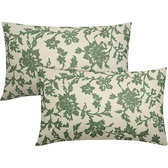Sage Green Floral Block Print Lumbar Pillow Covers 12x20 Set of 2 Rustic Old Style Vintage Flower Pattern Cream Decorative Rectangle Throw Pillow Cases Outdoor Farmhouse Decoration for Sofa Couch Bed