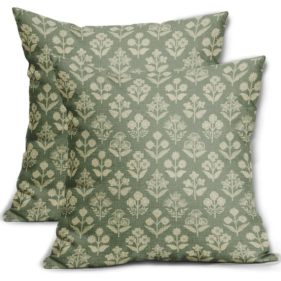 Sage Green Floral Block Print Pillow Covers 16x16 Inch Set of 2, Vintage Flower Pattern Decorative Throw Pillowcases Outdoor Farmhouse Cushion Covers Spring Summer Rustic Sofa Couch Bed Decor
