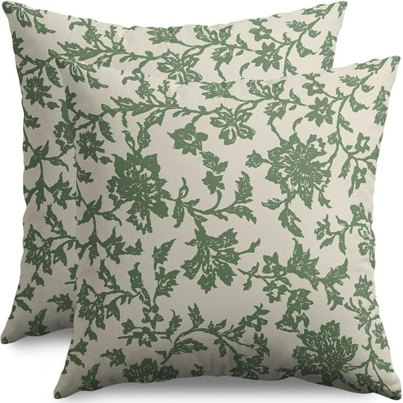 Sage Green Floral Block Print Pillow Covers 16x16 Set of 2 Rustic Old Style Modern Vintage Flower Pattern Cream Decorative Throw Pillow Cases Outdoor Farmhouse Decoration for Sofa Couch Bed