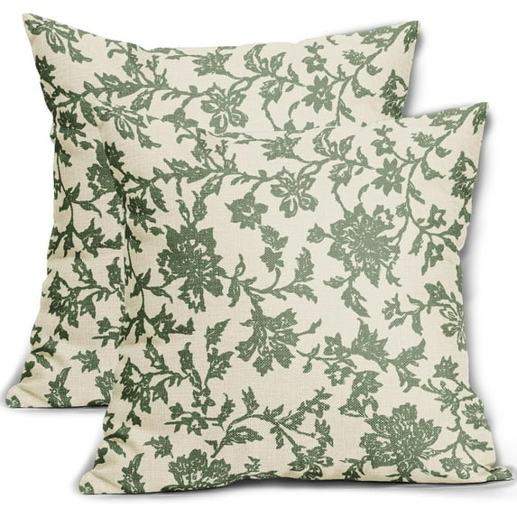 Sage Green Floral Block Print Pillow Covers 18x18 Set of 2 Spring Vintage Flower Pattern Cream Decorative Throw Pillowcases Outdoor Rustic Farmhouse Square Cushion Cases Couch Sofa Bed Decor