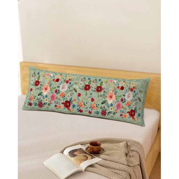 Sage Green Floral Body Pillow Covers, Spring Flowers Leaves Farmhouse Soft Breathable Throw Pillow Cases with Invisible Zipper, Decorative Pillowcase Pillows Protectors for Sofa Bed Couchair 20"x54"