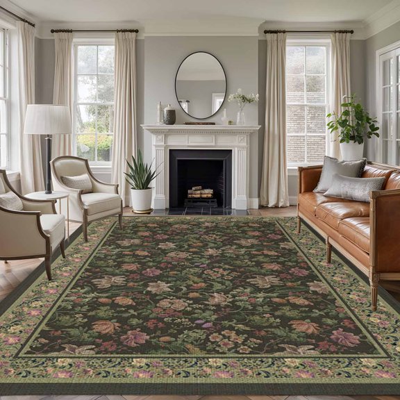 Sage Green Floral Boho Area Rugs 8'x10', Washable Small Throw Rugs for Living Room Patio, Ethnic Tribe Abstract Art Flower Indoor Outdoor Rug Non-Slip Low Pile Carpet Runner Reversible Floor Mats