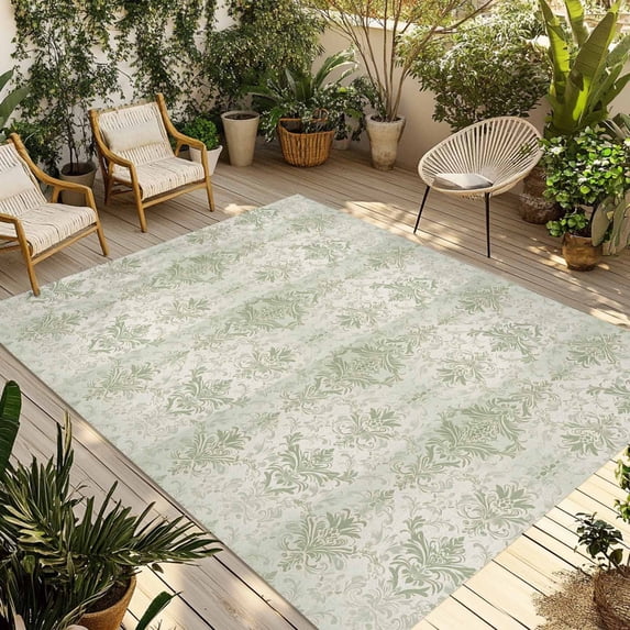 Sage Green Floral Boho Outdoor Rug 3x5 Ft - Reversible Patio Rug Outdoor Camping Rugs, Vintage Ethnic Tribe Abstract Art Indoor Outdoor Area Rugs, Non-Slip Outdoor Carpet Runner for Deck/Porch