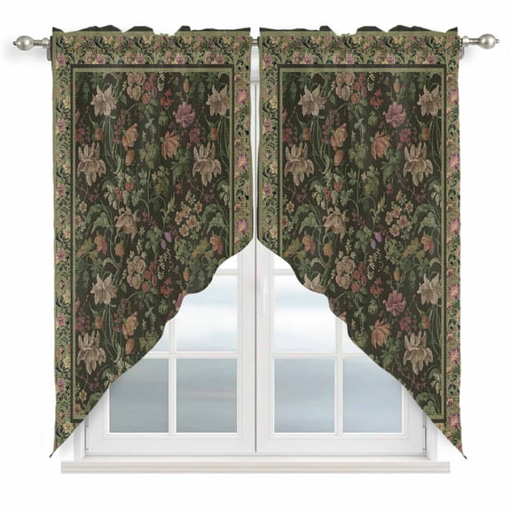 Sage Green Floral Boho Swag Valances for Windows, Kitchen Curtains 36 Inch Length 2 Panels Set, Ethnic Tribe Abstract Art Flower Short Curtains for Small Windows Rod Pocket Cafe Curtains 28"x36"
