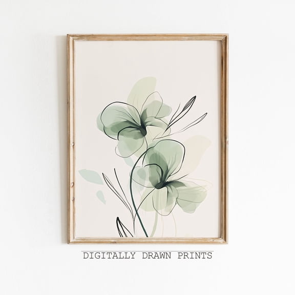 Sage Green Floral Botanical Wall Art Boho Style, Unframed Paper Print Size 8x12