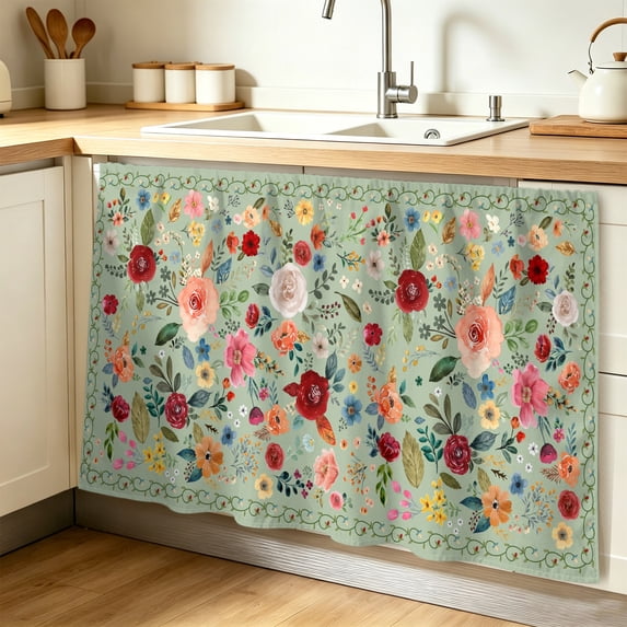 Sage Green Floral Cabinet Curtain 32"Wx55"L, Dustproof Pantry Door Curtain with Self Adhesive Tape, Spring Flowers Leaves Farmhouse Tall Storage Cover Privacy Drape for Bathroom Kitchen Laundry Room
