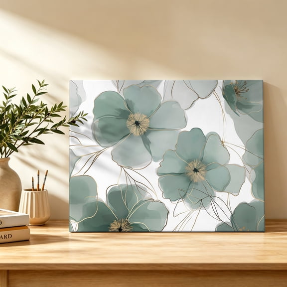 Sage Green Floral Canvas Wall Art, Mint Green Poppies Gold Lines Botanical Rustic Wall Art Prints Artwork Framed Canvas Ready to Hang Art Pictures for Bathroom Bedroom Entry Desk Corner 10" x 8"