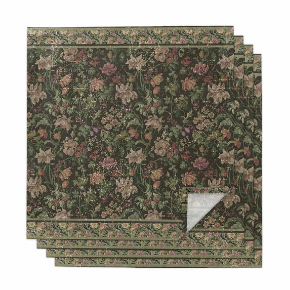 Sage Green Floral Cloth Napkins, Ethnic Tribe Abstract Art Flowers Washable and Reusable Dinner Napkins Set of 4, Table Napkin for Kitchen Party Birthday Wedding Hotel Housewarming 20"x20"